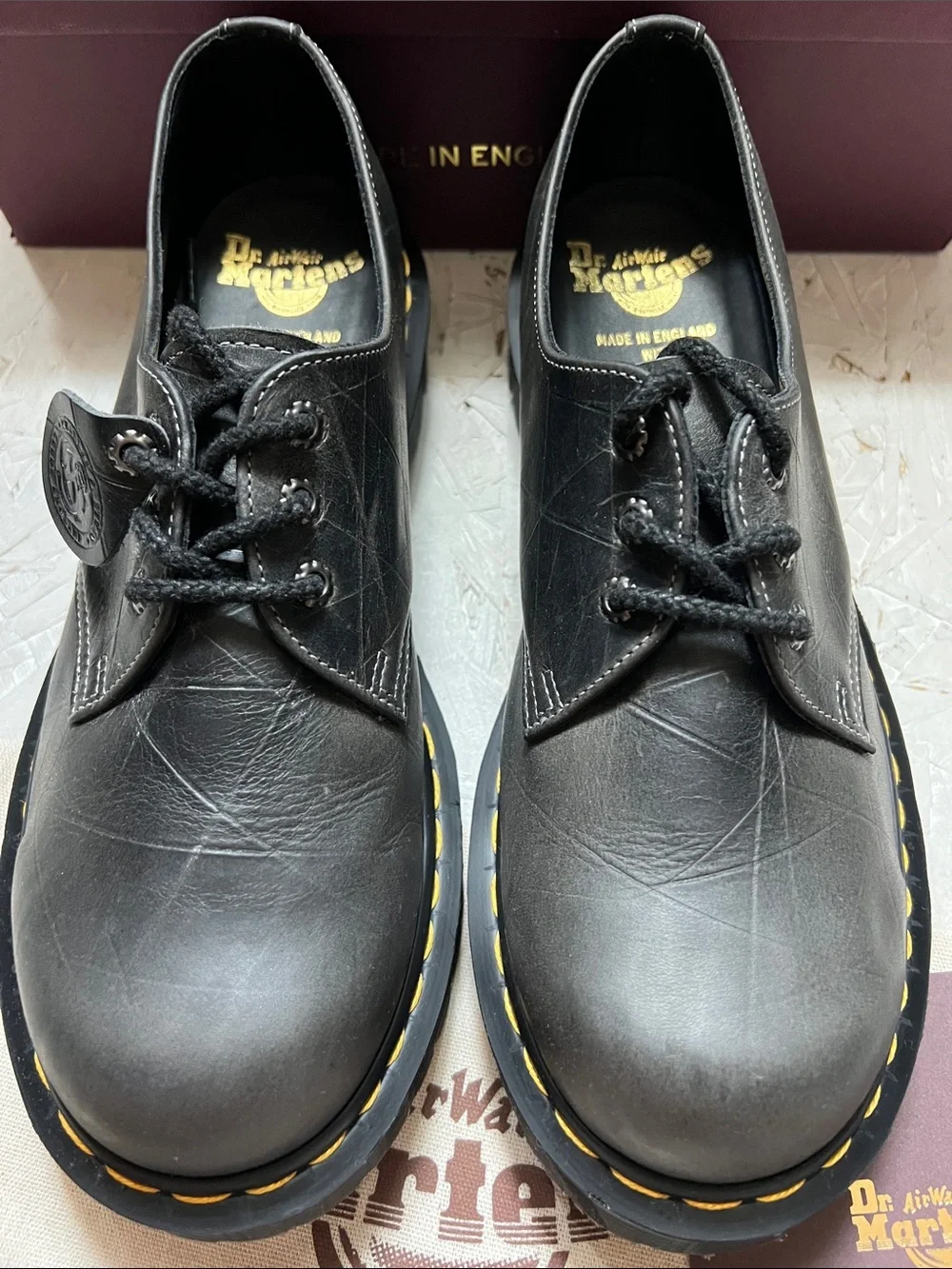 Dr. Martens 1461 Gunmetal  Leather Lace-Up Oxfords with Yellow Stitching